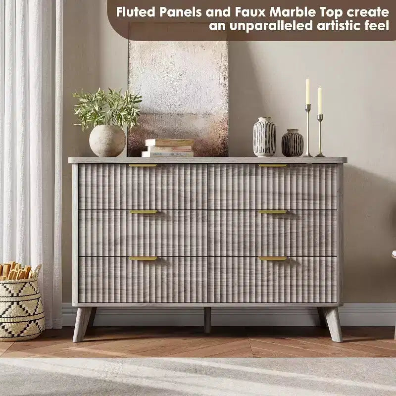 Fluted Dresser for Bedroom with 6 Deep Drawers, 47.2 in Wide Modern Chest of Drawers
