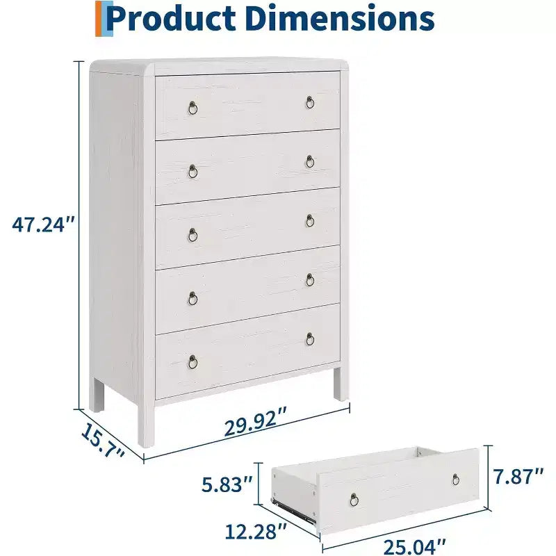 White 5-Drawer Dresser, Modern Chest of Drawers, Wood Storage Clothes Organizer