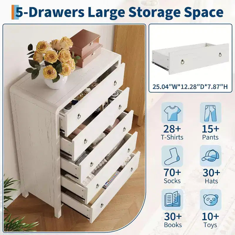 White 5-Drawer Dresser, Modern Chest of Drawers, Wood Storage Clothes Organizer