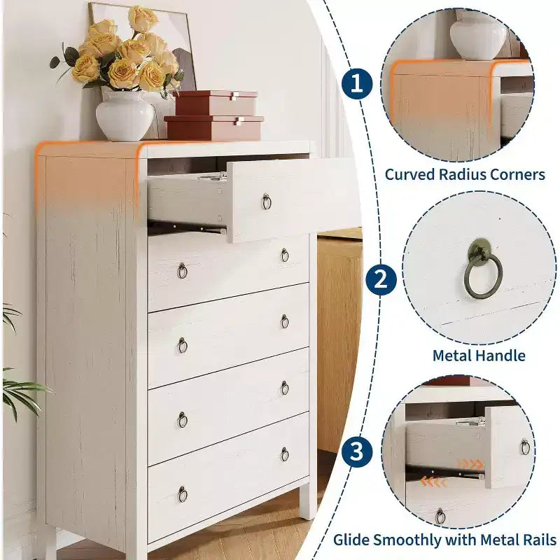 White 5-Drawer Dresser, Modern Chest of Drawers, Wood Storage Clothes Organizer