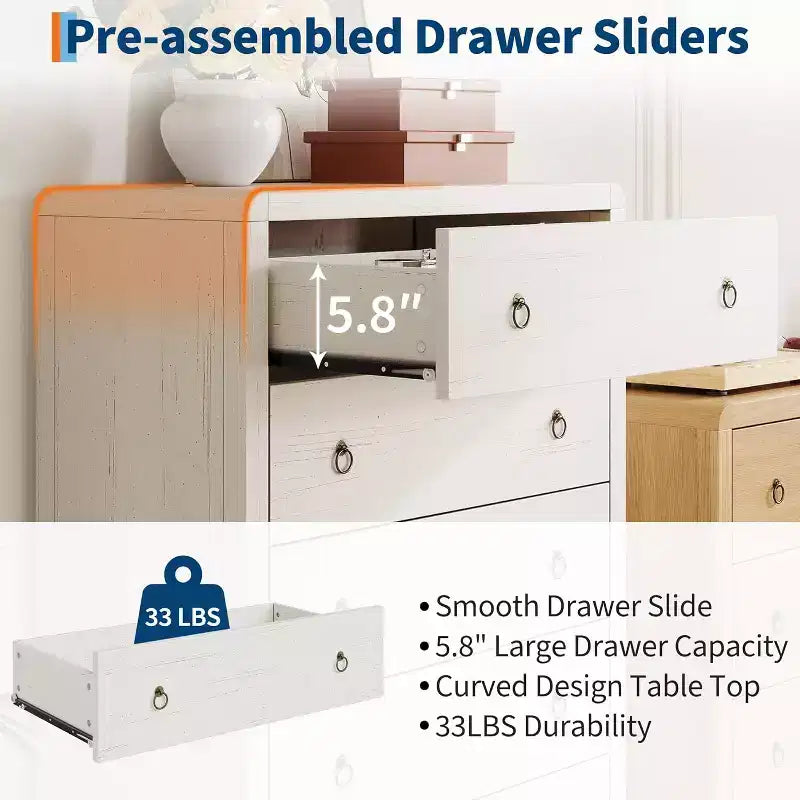 White 5-Drawer Dresser, Modern Chest of Drawers, Wood Storage Clothes Organizer
