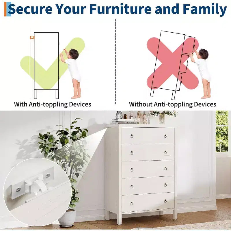 White 5-Drawer Dresser, Modern Chest of Drawers, Wood Storage Clothes Organizer