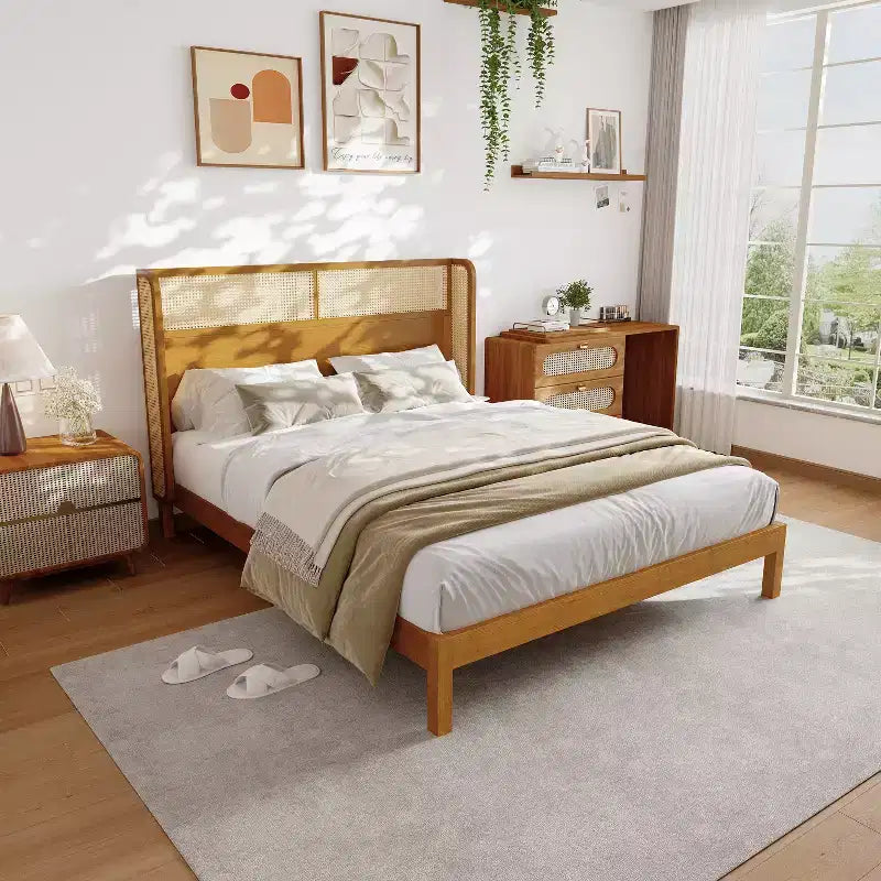 King/Queen Platform Bed Frame with Headboard, Mid Century Modern Rubber Wood Bed for Bedroom, Natural
