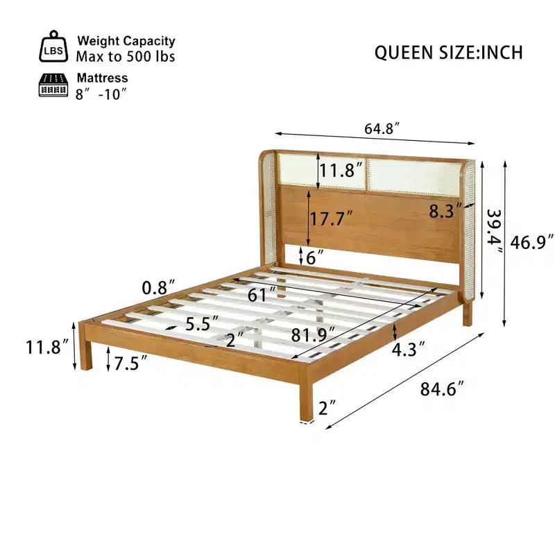 King/Queen Platform Bed Frame with Headboard, Mid Century Modern Rubber Wood Bed for Bedroom, Natural