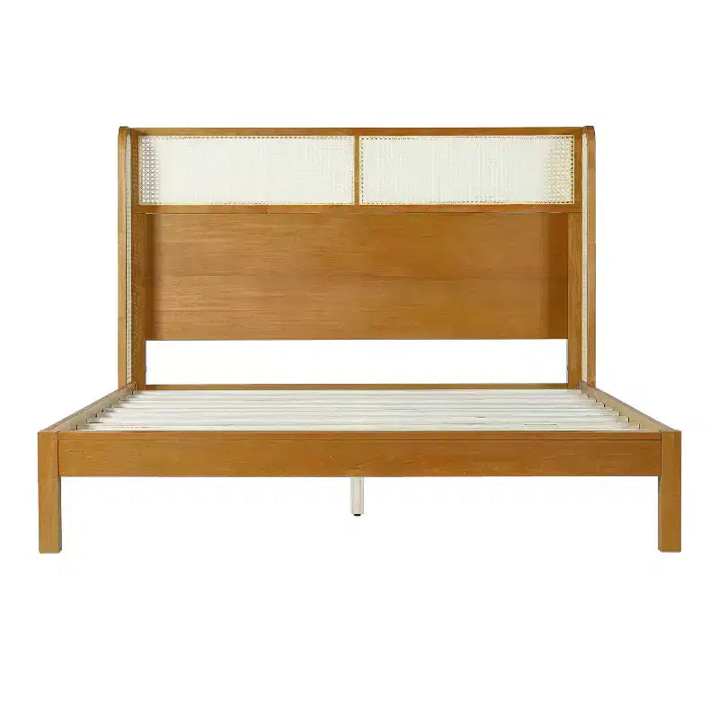 King/Queen Platform Bed Frame with Headboard, Mid Century Modern Rubber Wood Bed for Bedroom, Natural