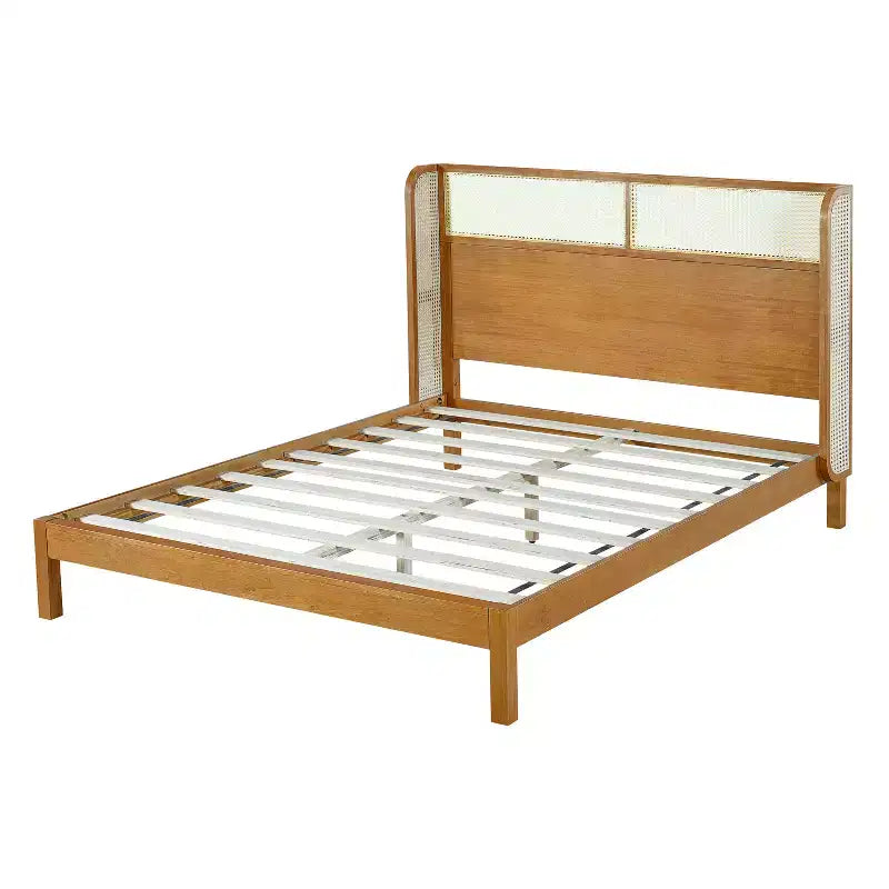 King/Queen Platform Bed Frame with Headboard, Mid Century Modern Rubber Wood Bed for Bedroom, Natural