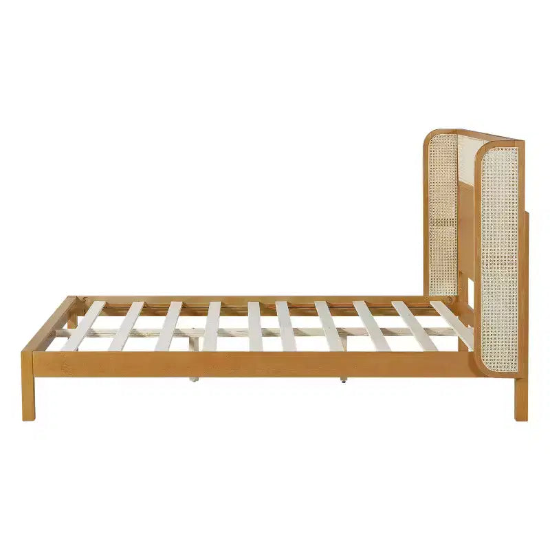 King/Queen Platform Bed Frame with Headboard, Mid Century Modern Rubber Wood Bed for Bedroom, Natural