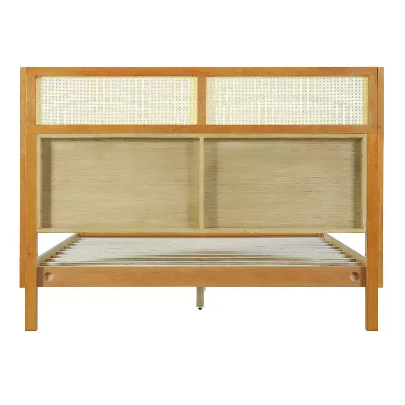 King/Queen Platform Bed Frame with Headboard, Mid Century Modern Rubber Wood Bed for Bedroom, Natural