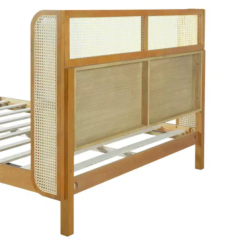 King/Queen Platform Bed Frame with Headboard, Mid Century Modern Rubber Wood Bed for Bedroom, Natural