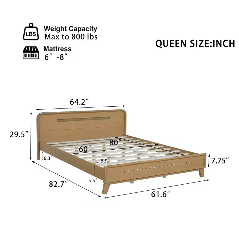 King/Queen Size Bed Frame, Solid Pine Wood Platform Bed Frame, No Box Spring Needed, Rustic Yellow