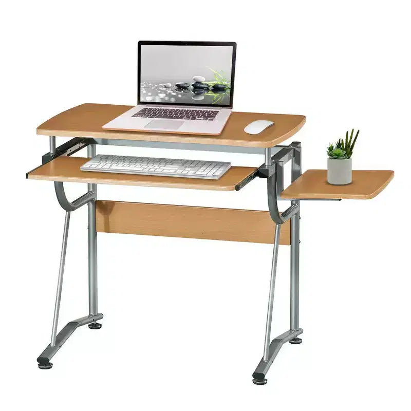 Compact Computer Desk with Side Shelf and Keyboard Panel, Cherry