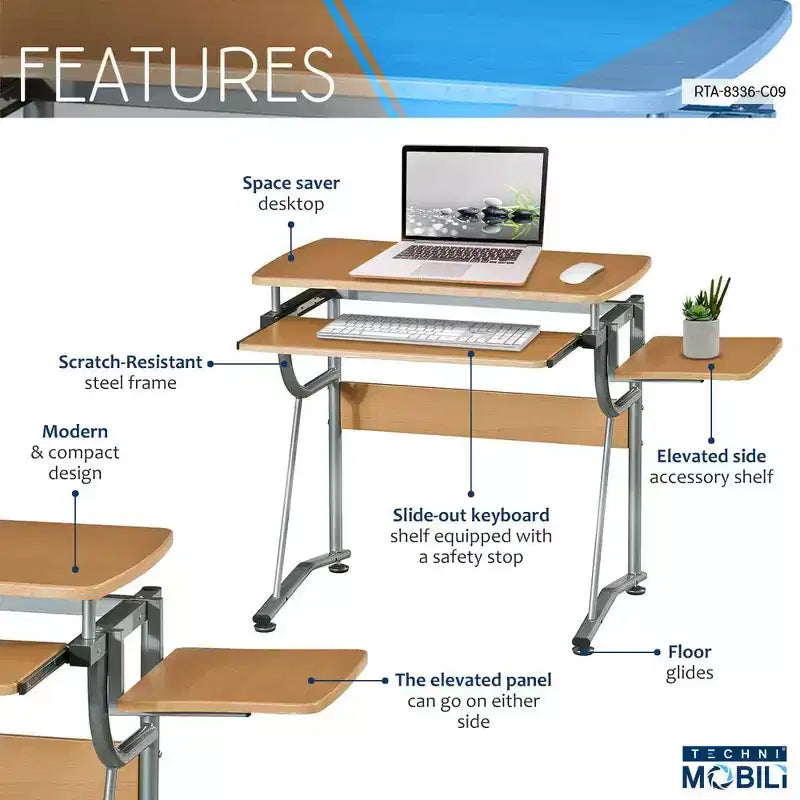 Compact Computer Desk with Side Shelf and Keyboard Panel, Cherry