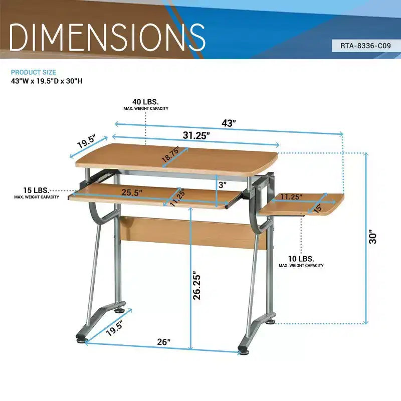 Compact Computer Desk with Side Shelf and Keyboard Panel, Cherry