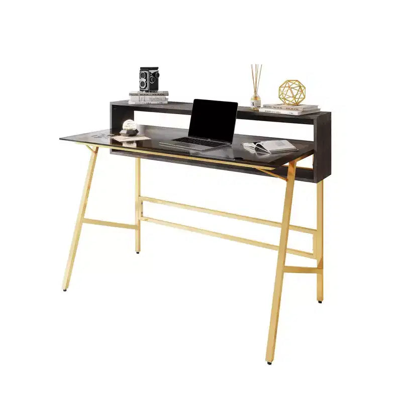 Home Office Writing Desk with Riser, Gold