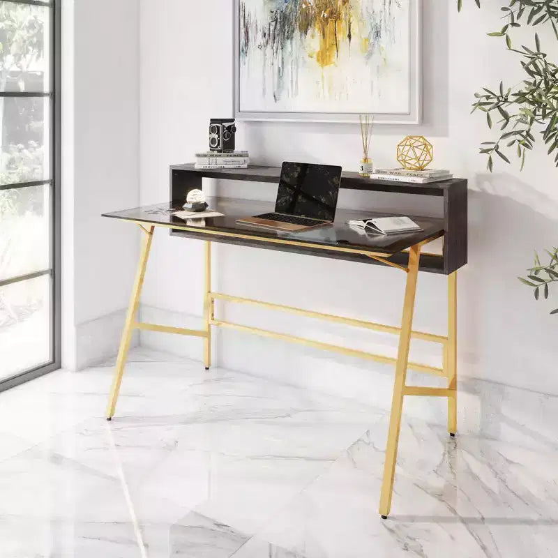 Home Office Writing Desk with Riser, Gold