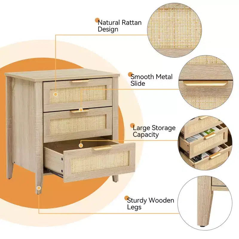 Rattan Nightstand, Boho Bedside Table with 3 Drawers and Storage Shelf, Sturdy Wood Legs for Kids' Room, Farmhouse, Bedroom