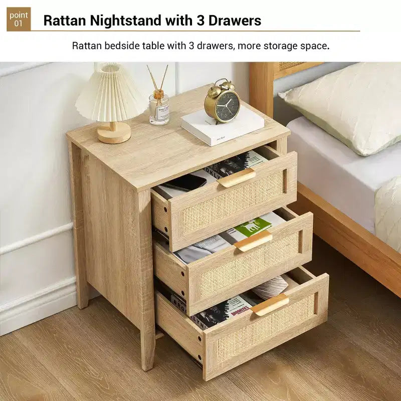 Rattan Nightstand, Boho Bedside Table with 3 Drawers and Storage Shelf, Sturdy Wood Legs for Kids' Room, Farmhouse, Bedroom