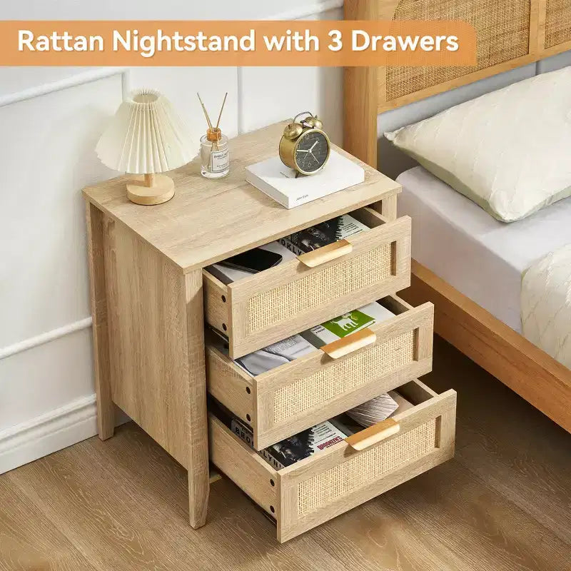 Rattan Nightstand, Boho Bedside Table with 3 Drawers and Storage Shelf, Sturdy Wood Legs for Kids' Room, Farmhouse, Bedroom