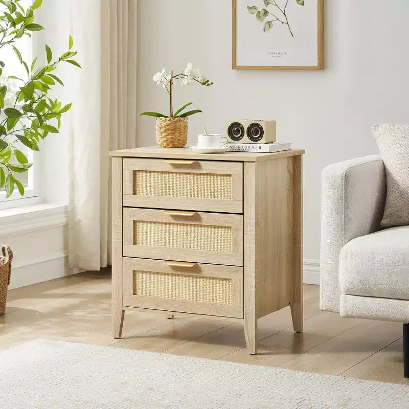 Rattan Nightstand, Boho Bedside Table with 3 Drawers and Storage Shelf, Sturdy Wood Legs for Kids' Room, Farmhouse, Bedroom
