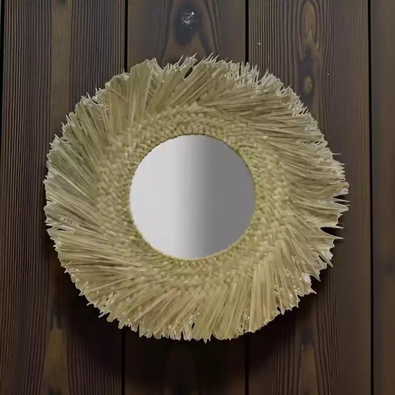 Round Seagrass Wall Mirror 36" Natural Woven Frame, 15" Central Mirror for Coastal Decor