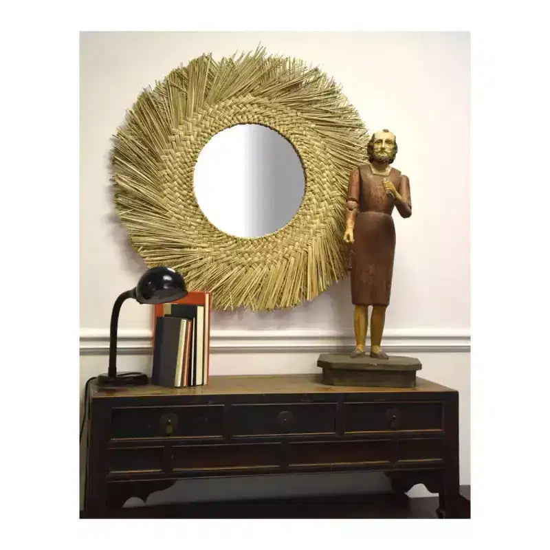 Round Seagrass Wall Mirror 36" Natural Woven Frame, 15" Central Mirror for Coastal Decor
