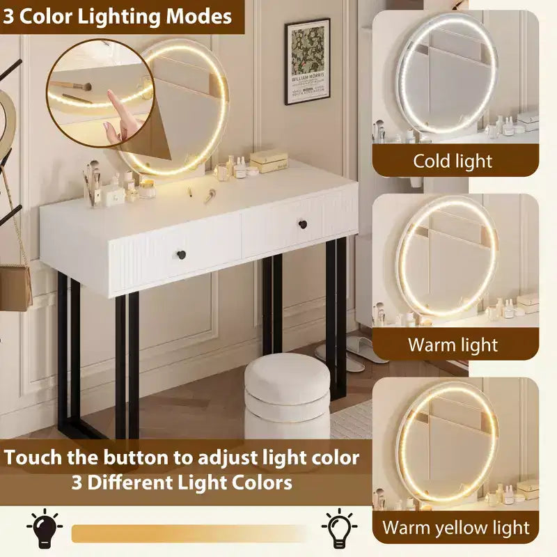 Vanity Makeup Desk with HD Round Mirror, 40" Small Modern Black Vanity Desk, Dressing Table with 2 Drawers for Bedroom