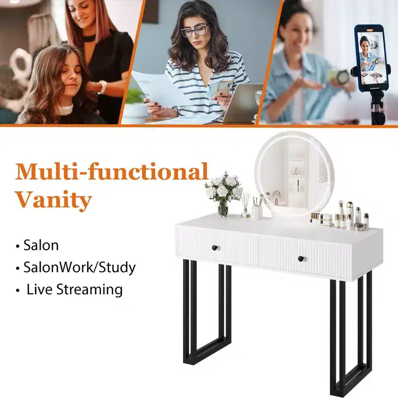 Vanity Makeup Desk with HD Round Mirror, 40" Small Modern Black Vanity Desk, Dressing Table with 2 Drawers for Bedroom