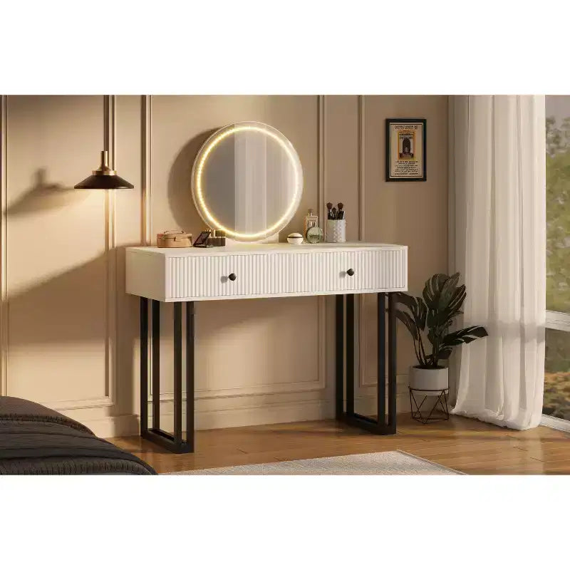 Vanity Makeup Desk with HD Round Mirror, 40" Small Modern Black Vanity Desk, Dressing Table with 2 Drawers for Bedroom