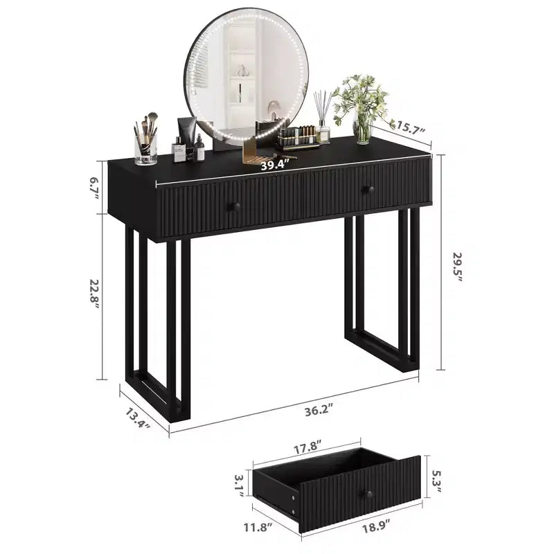 Vanity Makeup Desk with HD Round Mirror, 40" Small Modern Black Vanity Desk, Dressing Table with 2 Drawers for Bedroom