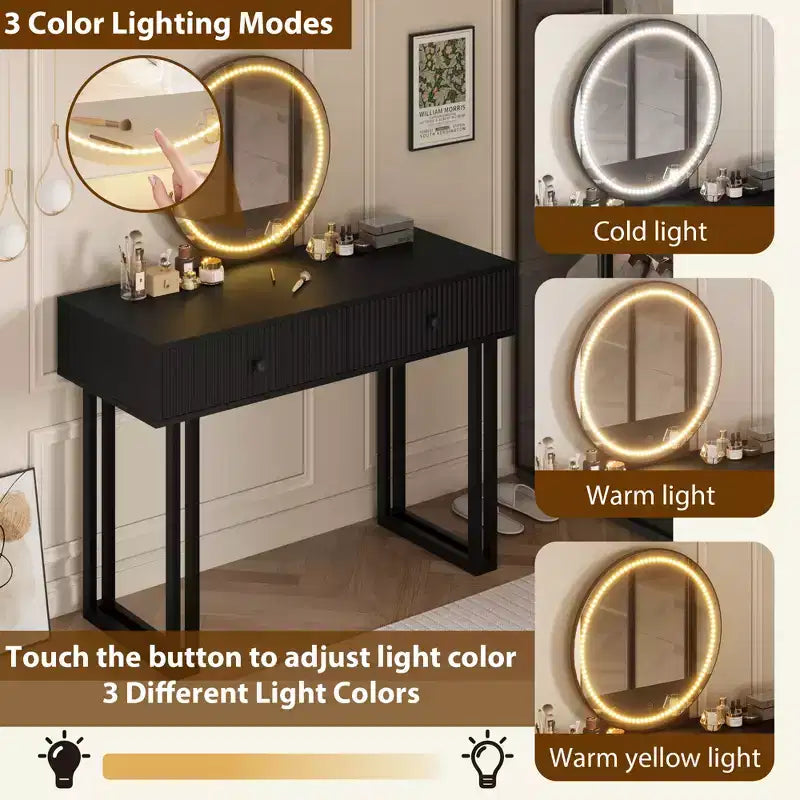 Vanity Makeup Desk with HD Round Mirror, 40" Small Modern Black Vanity Desk, Dressing Table with 2 Drawers for Bedroom