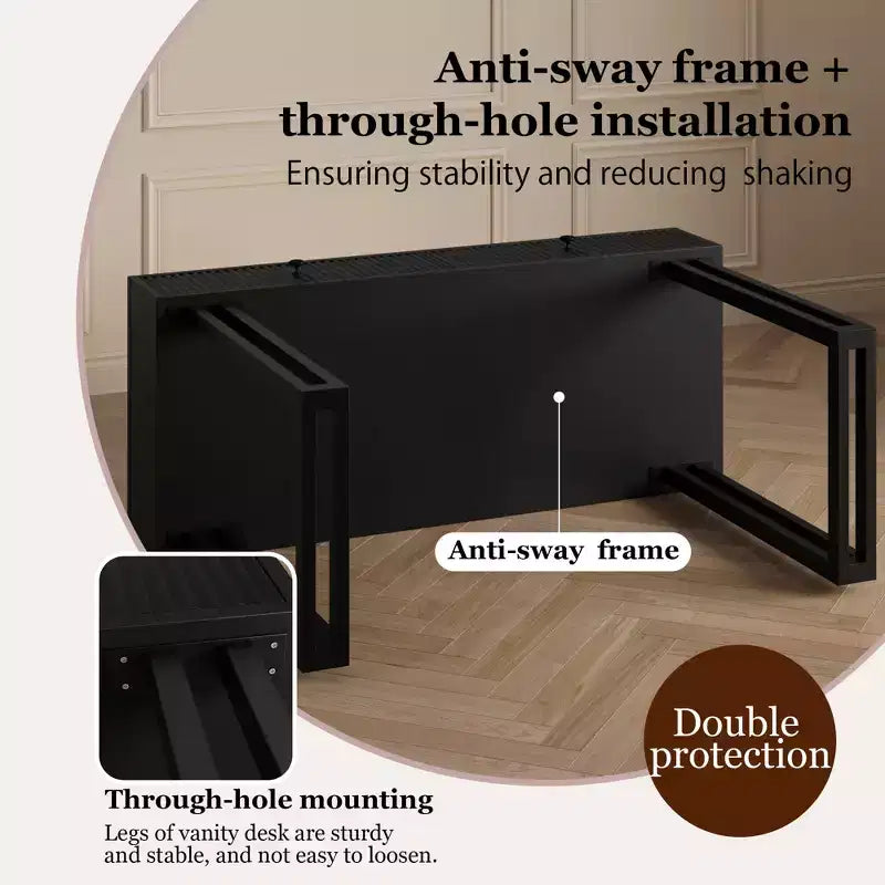 Vanity Makeup Desk with HD Round Mirror, 40" Small Modern Black Vanity Desk, Dressing Table with 2 Drawers for Bedroom