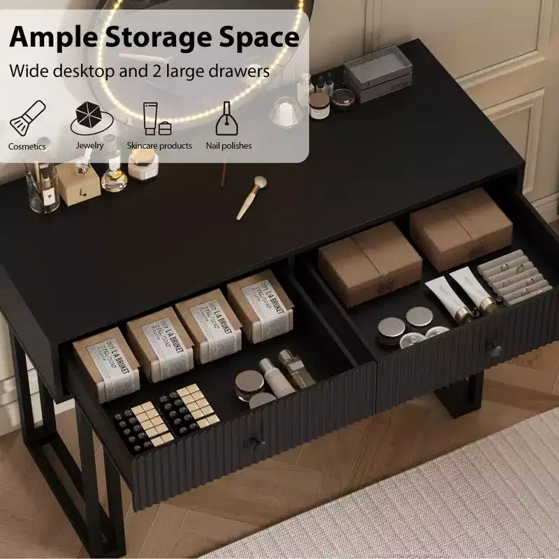 Vanity Makeup Desk with HD Round Mirror, 40" Small Modern Black Vanity Desk, Dressing Table with 2 Drawers for Bedroom