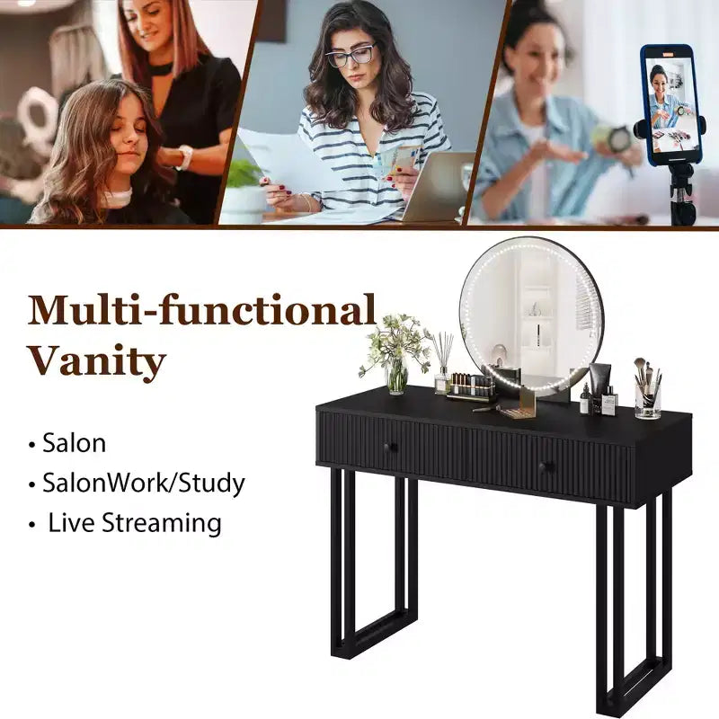 Vanity Makeup Desk with HD Round Mirror, 40" Small Modern Black Vanity Desk, Dressing Table with 2 Drawers for Bedroom