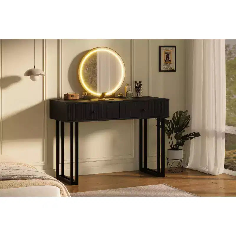 Vanity Makeup Desk with HD Round Mirror, 40" Small Modern Black Vanity Desk, Dressing Table with 2 Drawers for Bedroom