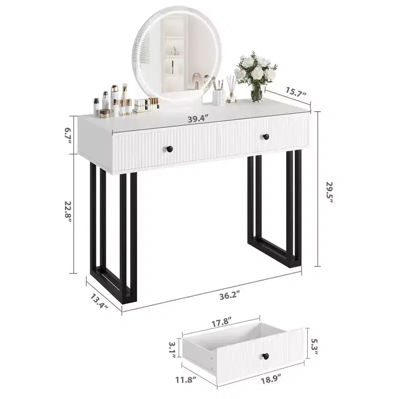 Vanity Makeup Desk with HD Round Mirror, 40" Small Modern Black Vanity Desk, Dressing Table with 2 Drawers for Bedroom