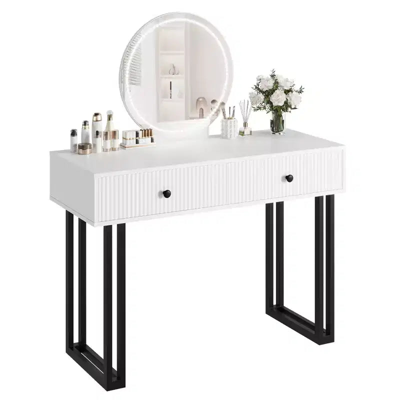 Vanity Makeup Desk with HD Round Mirror, 40" Small Modern Black Vanity Desk, Dressing Table with 2 Drawers for Bedroom