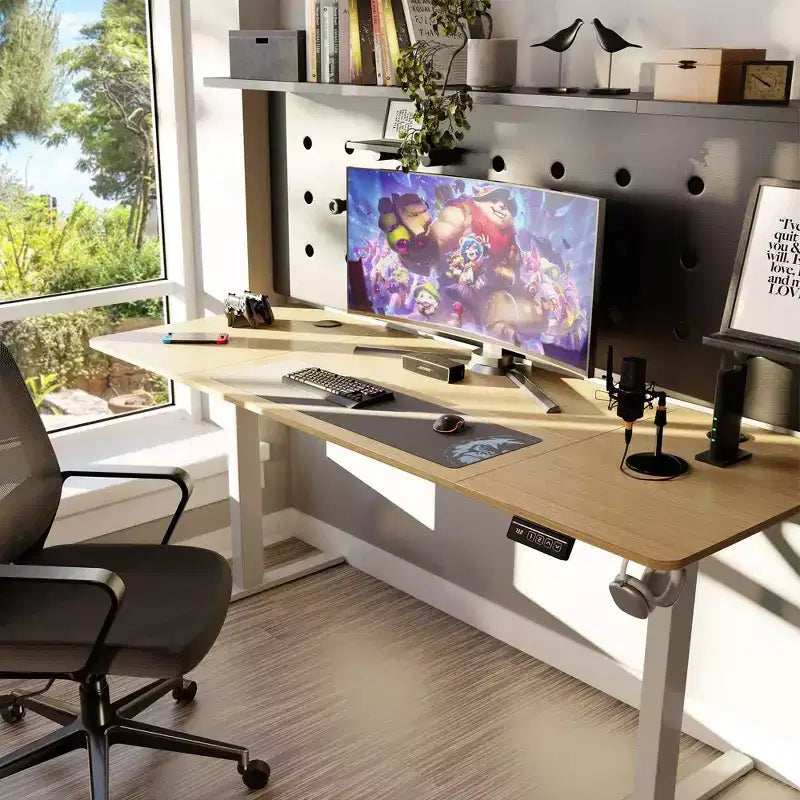 71'' Adjustable Height Standing Office Desk, Computer Desk with Memory Preset, Splice Tabletop, White Frame