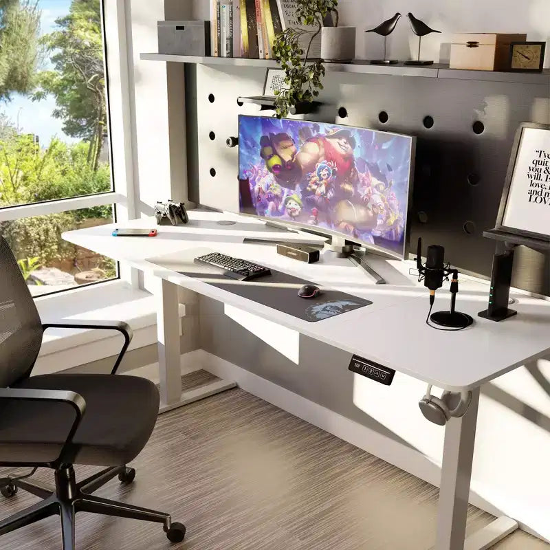 71'' Adjustable Height Standing Office Desk, Computer Desk with Memory Preset, Splice Tabletop, White Frame