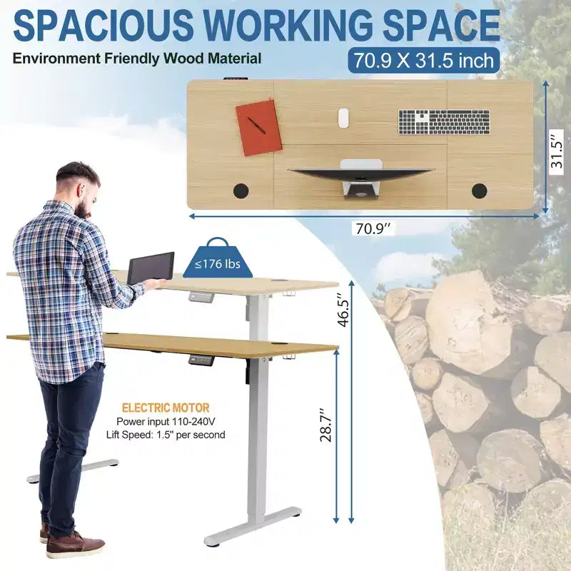 71'' Adjustable Height Standing Office Desk, Computer Desk with Memory Preset, Splice Tabletop, White Frame