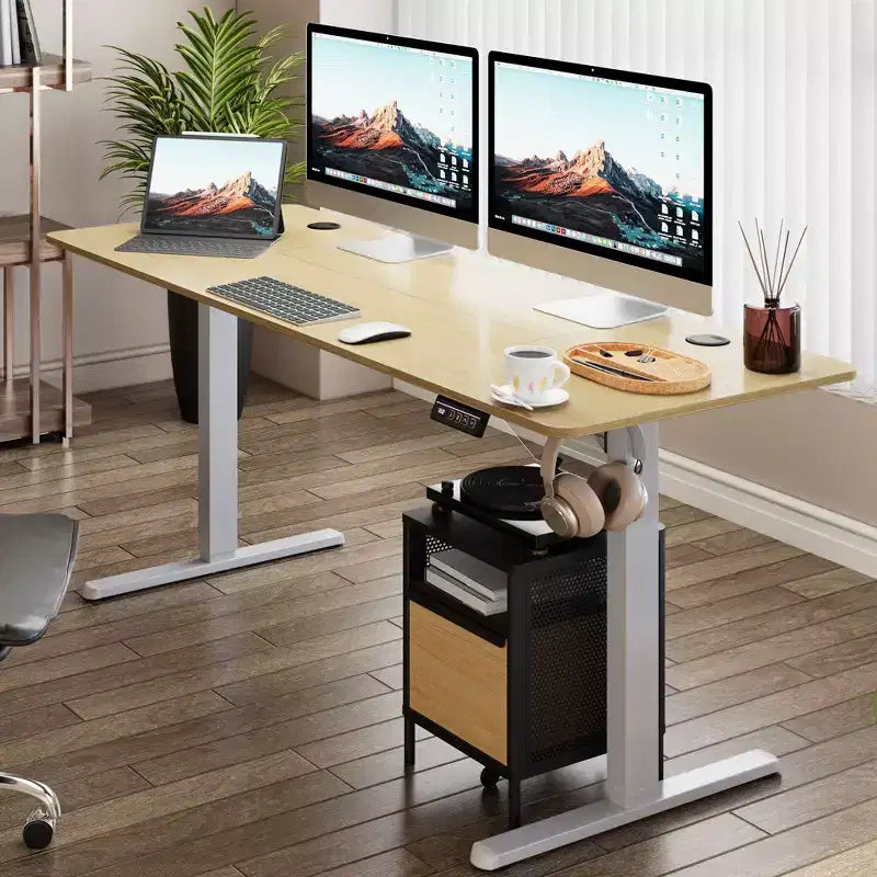 71'' Adjustable Height Standing Office Desk, Computer Desk with Memory Preset, Splice Tabletop, White Frame