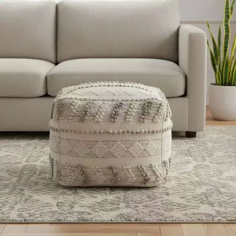 18" Ivory and Natural Cotton and Wool Striped Pouf Ottoman