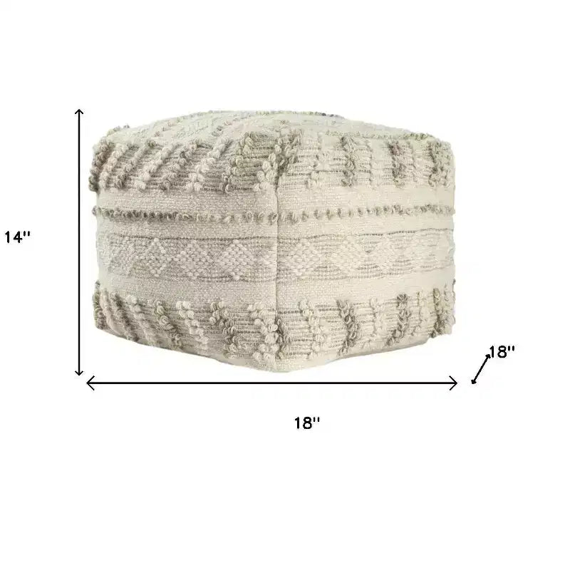 18" Ivory and Natural Cotton and Wool Striped Pouf Ottoman