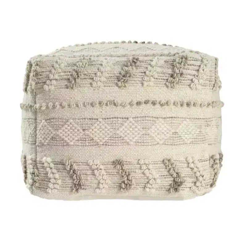 18" Ivory and Natural Cotton and Wool Striped Pouf Ottoman