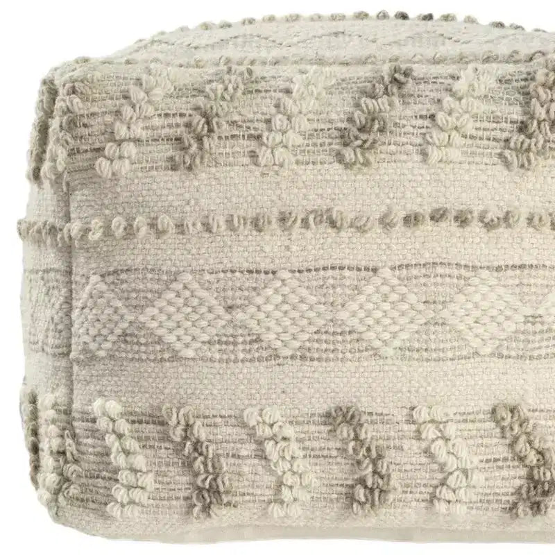 18" Ivory and Natural Cotton and Wool Striped Pouf Ottoman