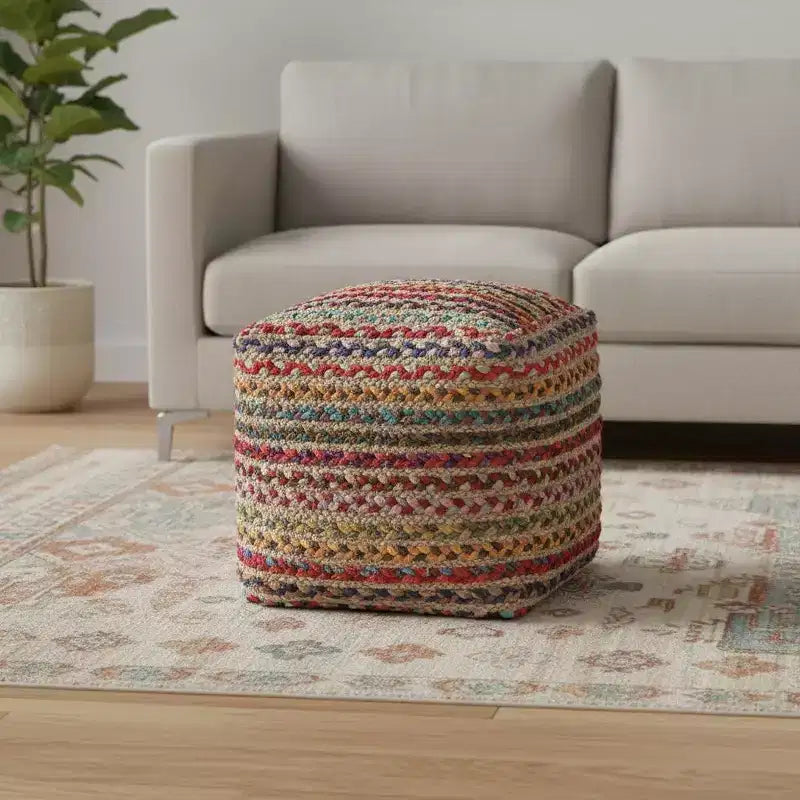 18" Natural and Rainbow Braided Jute and Polyester Striped Pouf Ottoman