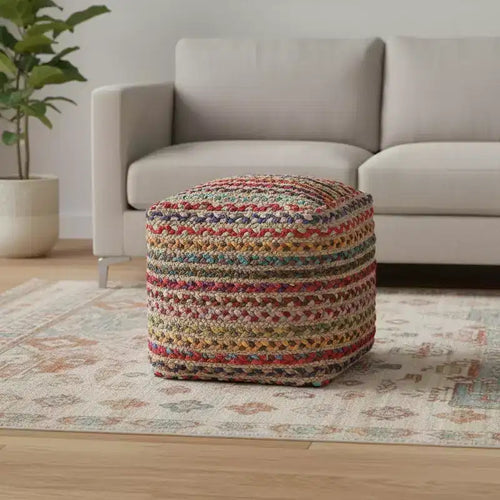 18" Natural and Rainbow Braided Jute and Polyester Striped Pouf Ottoman