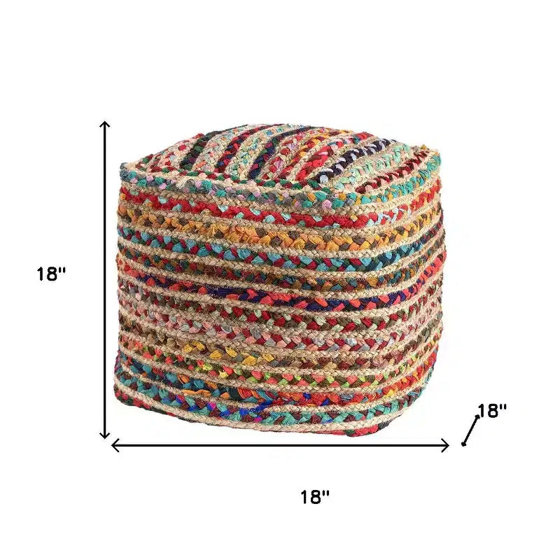 18" Natural and Rainbow Braided Jute and Polyester Striped Pouf Ottoman