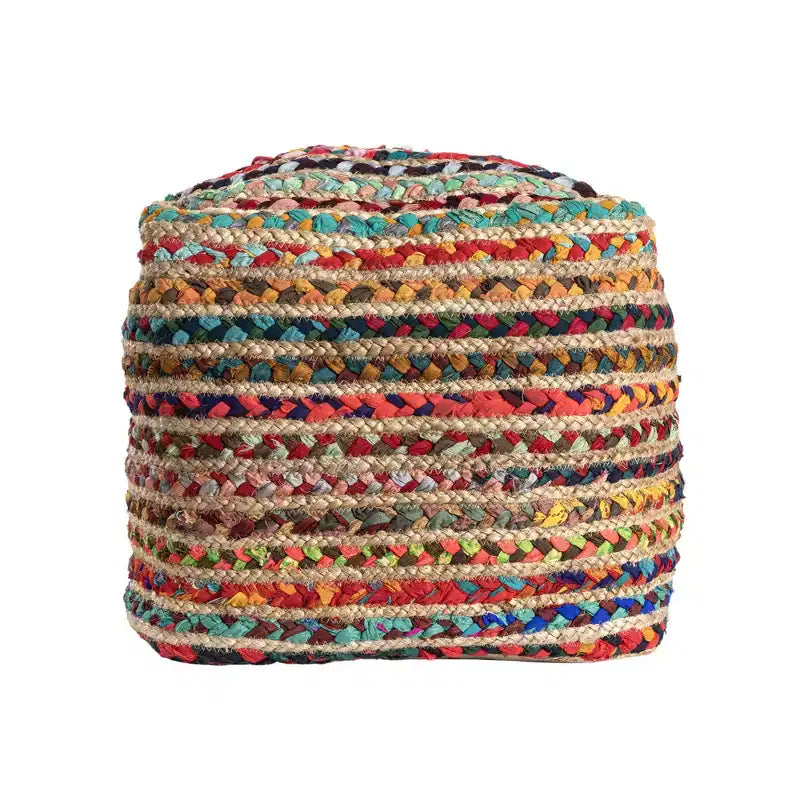 18" Natural and Rainbow Braided Jute and Polyester Striped Pouf Ottoman
