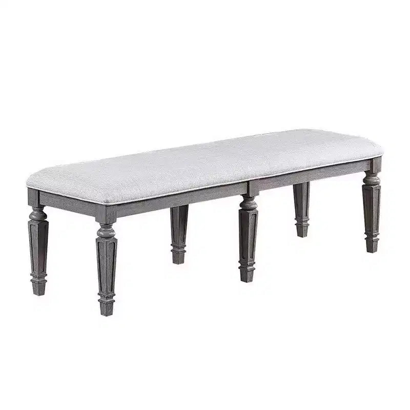 Dining Bench with Turned Legs, 64 Inch Gray Wood and Fabric