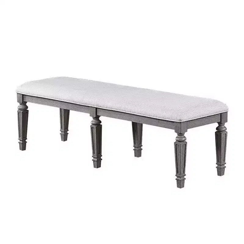 Dining Bench with Turned Legs, 64 Inch Gray Wood and Fabric